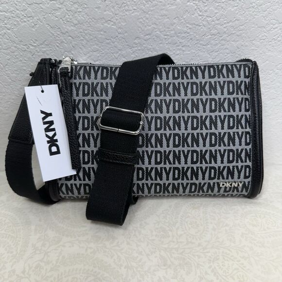 NWT DKNY Milo Crossbody Bag Black Monogram Thick Adjustable Strap Zip Magnet - Picture 3 of 16